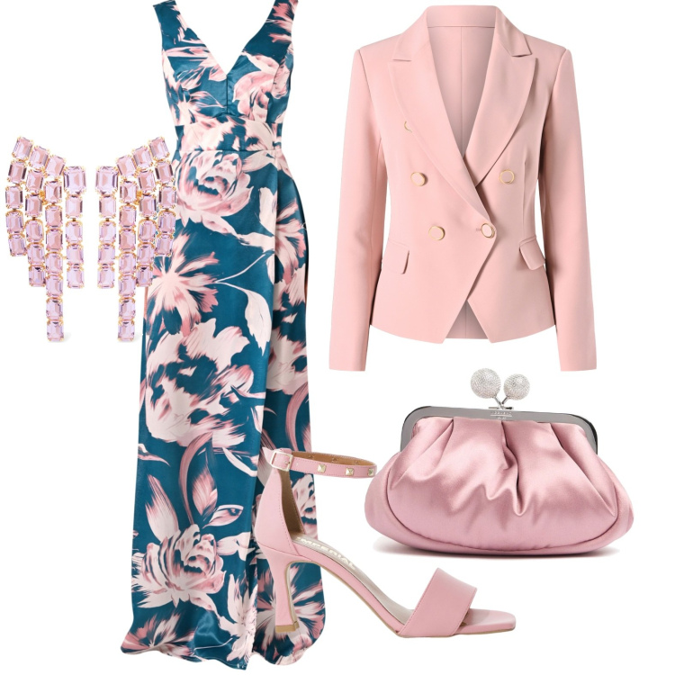 Outfit donna - Total look #2093556. Stile Chic per Cerimonia. Abbinamento con sandali col tacco, vestiti lunghi, blazer, pochette, orecchini.