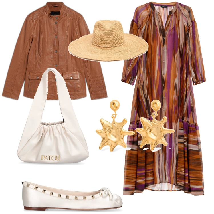 Outfit donna - Marocco. Stile Etnico per Tutti i giorni. Abbinamento con blazer, vestiti lunghi, borse a spalla, orecchini, cappelli, ballerine.