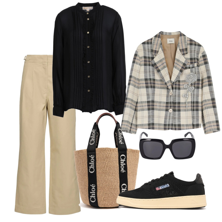 Outfit donna - Giacca di marzo. Stile Bon Ton per Tutti i giorni. Abbinamento con camicie, blazer, occhiali da sole, shopping bag, sneakers, pantaloni.