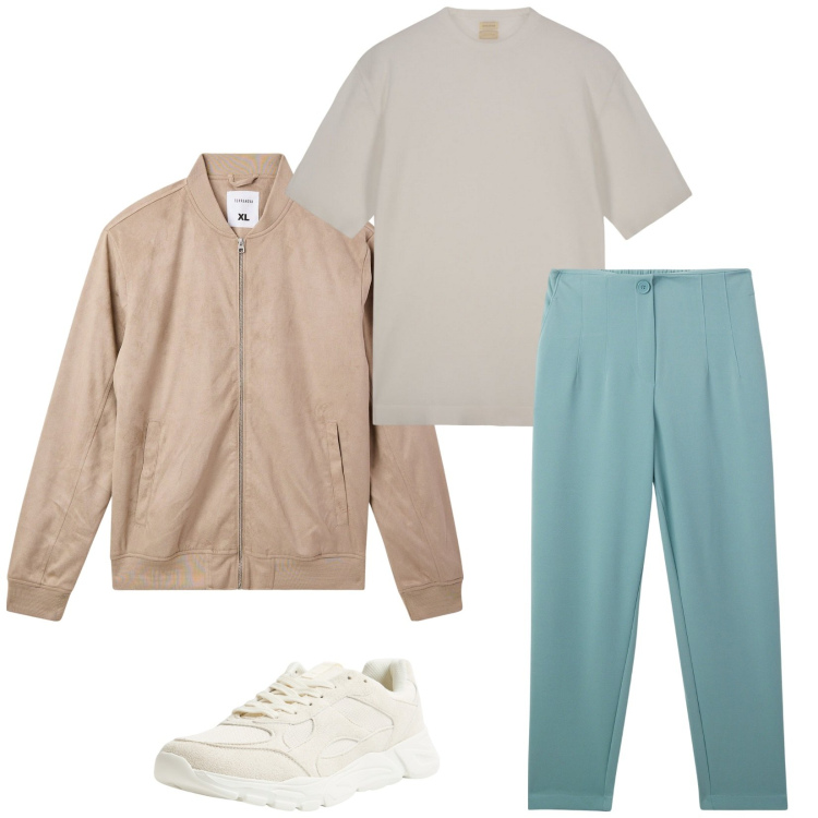 Outfit uomo - Marzo. Stile Trendy per Tutti i giorni. Abbinamento con bomber, pantaloni chino, sneakers, t-shirt.