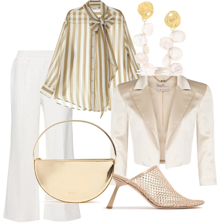 Outfit donna - Bianco e oro. Stile Casual chic per Serata fuori. Abbinamento con bolero, camicie, orecchini, pantofole, pantaloni, pochette.