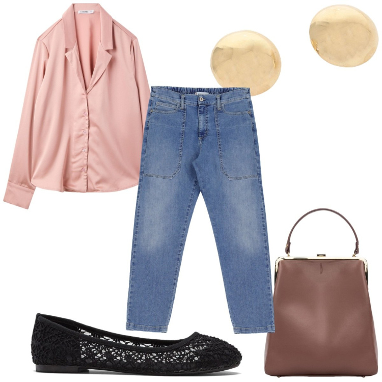 Outfit donna - Total look #2093575. Stile Trendy per Tutti i giorni. Abbinamento con ballerine, bluse, jeans, orecchini, borse a spalla.