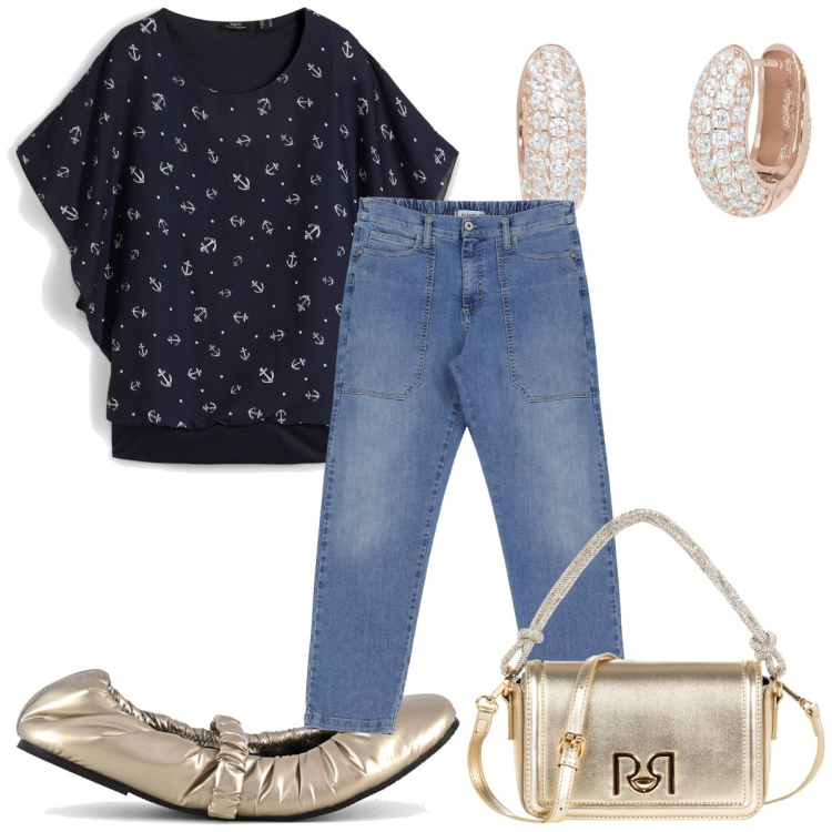 Outfit donna - Total look #2093579. Stile Trendy per Tutti i giorni. Abbinamento con bluse, orecchini, borse a mano, jeans, ballerine.