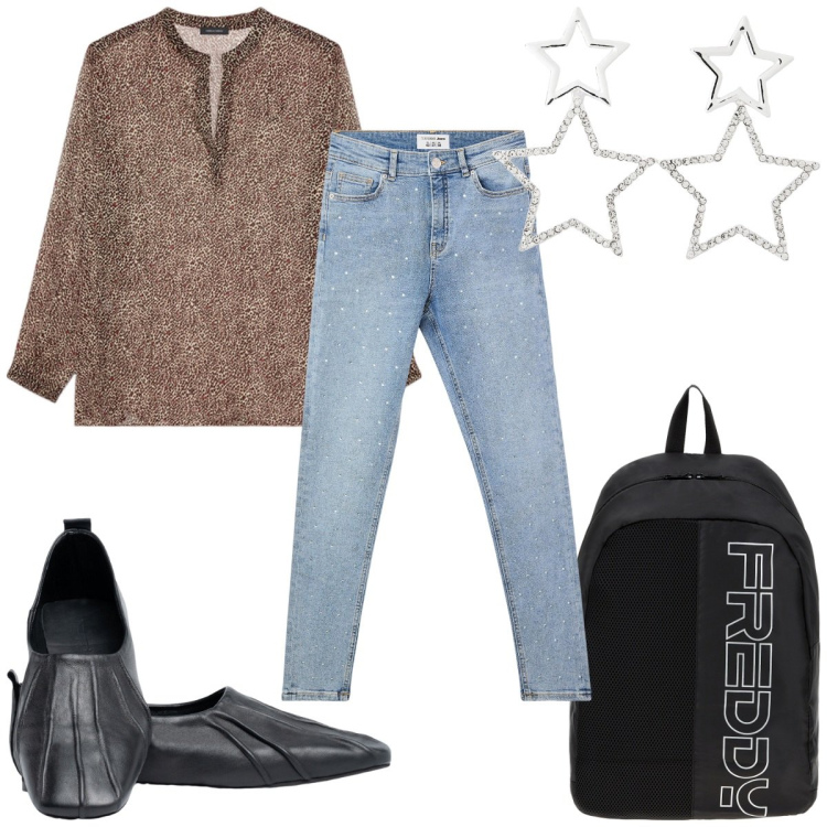 Outfit donna - Total look #2093584. Stile Trendy per Tutti i giorni. Abbinamento con orecchini, jeans skinny, zaini, bluse, ballerine.
