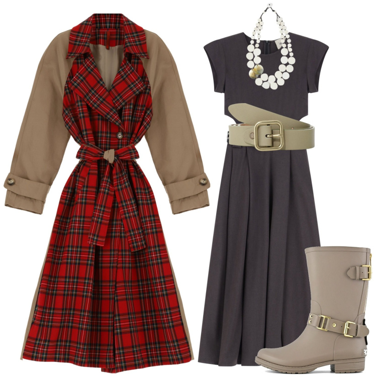 Outfit donna - Giornata di pioggia. Stile Casual chic per Tutti i giorni. Abbinamento con trench, vestiti, cinture, stivali, ciondoli.