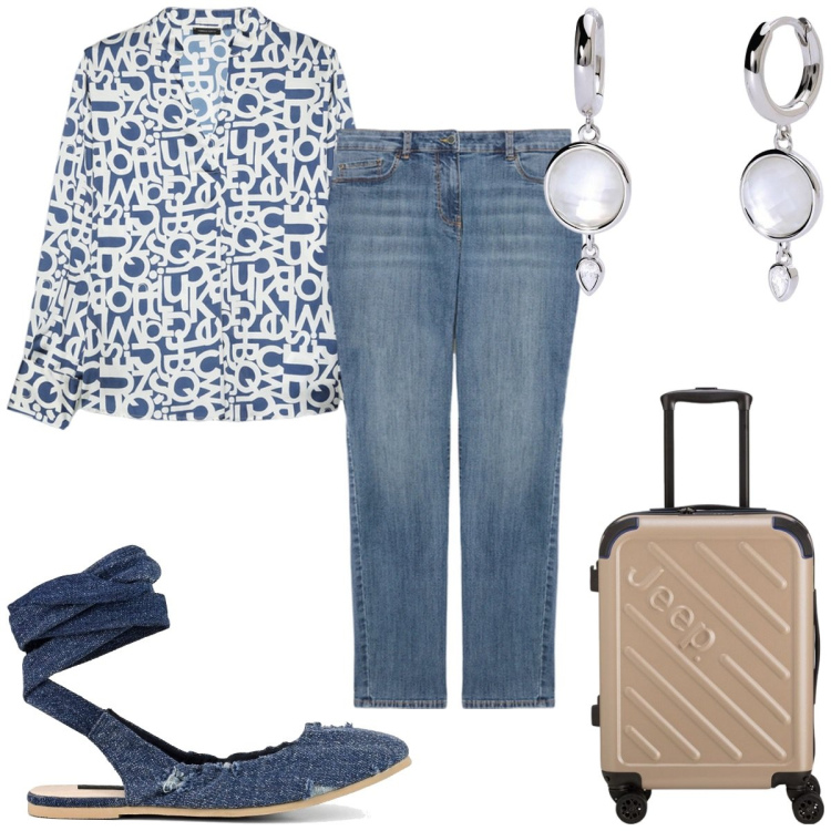 Outfit donna - Total look #2093593. Stile Trendy per Tutti i giorni. Abbinamento con orecchini, jeans skinny, ballerine, bluse, valigie.