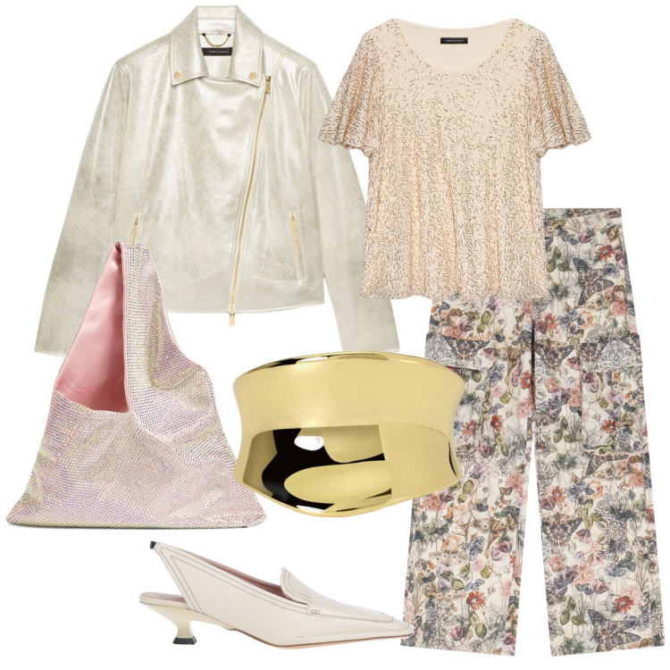 Outfit donna - Toni delicati. Stile Chic per Serata fuori. Abbinamento con décolleté, anelli, pantaloni cargo, blazer, t-shirt, borse a spalla.