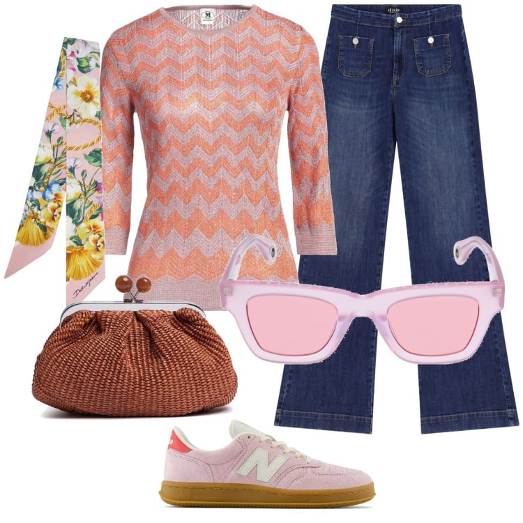 Outfit donna - Pochette color mattone. Stile Casual chic per Tutti i giorni. Abbinamento con pullovers, sneakers, jeans a zampa, foulard, occhiali da sole, pochette.