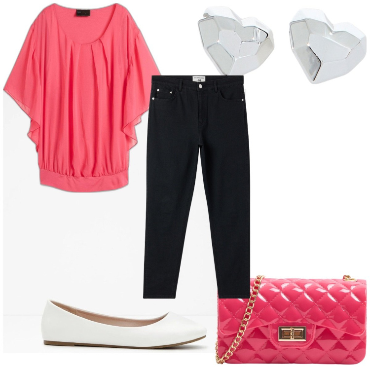 Outfit donna - Total look #2093606. Stile Trendy per Tutti i giorni. Abbinamento con bluse, ballerine, borse a tracolla, jeans skinny, orecchini.