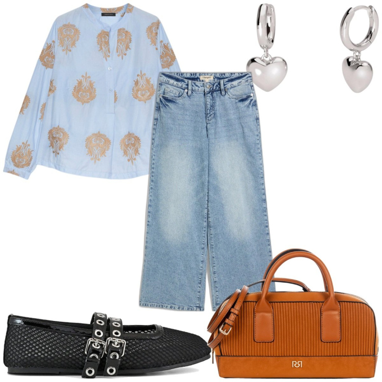 Outfit donna - Total look #2093607. Stile Trendy per Tutti i giorni. Abbinamento con jeans, orecchini, borse a mano, bluse, ballerine.