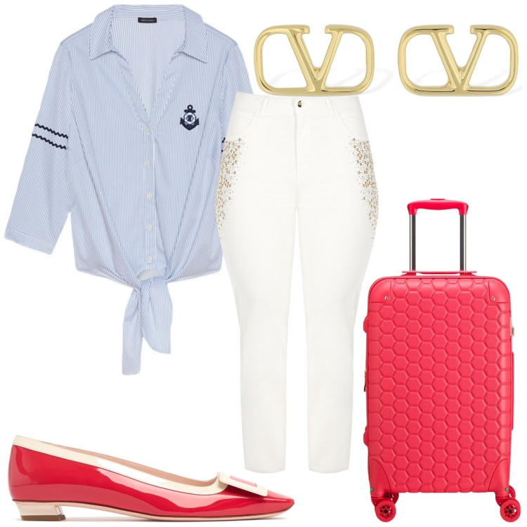 Outfit donna - Total look #2093612. Stile Trendy per Tutti i giorni. Abbinamento con jeans dritti, orecchini, camicie, ballerine, valigie.