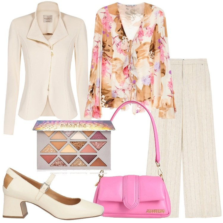 Outfit donna - I colori della rinascita Donna Curvy. Stile Romantica per Cerimonia. Abbinamento con décolleté, borse a mano, ombretti, blazer, camicie, pantaloni a palazzo.