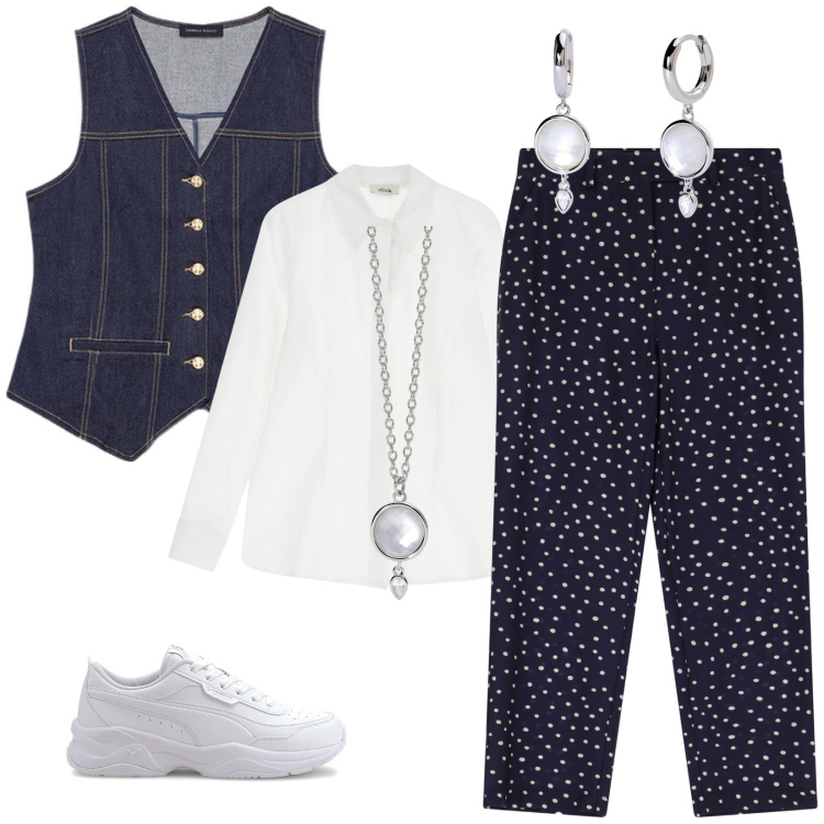 Outfit donna - Sneakers e gilet di jeans. Stile Casual chic per Tutti i giorni. Abbinamento con orecchini, collane, pantaloni, camicie, gilet, sneakers.