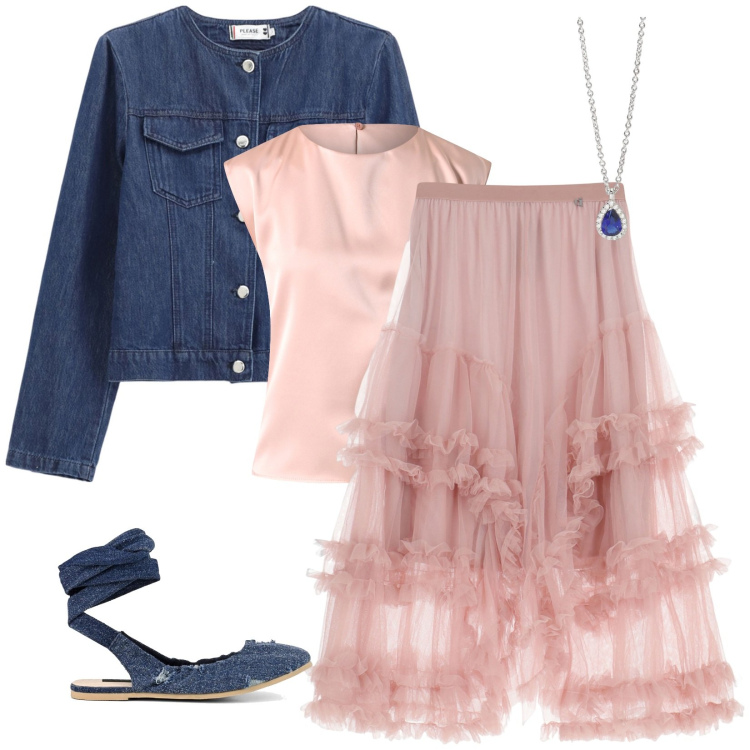 Outfit donna - Giovane Romantica. Stile Glamour per Tutti i giorni. Abbinamento con collane, top, blazer, gonne lunghe, ballerine.