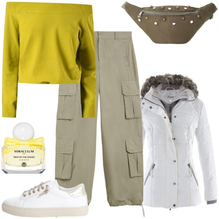 Outfit donna - Pantaloni cargo baggy. Stile Urban per Tutti i giorni. Abbinamento con piumini, profumi, maglieria, sneakers, pantaloni cargo, marsupi.