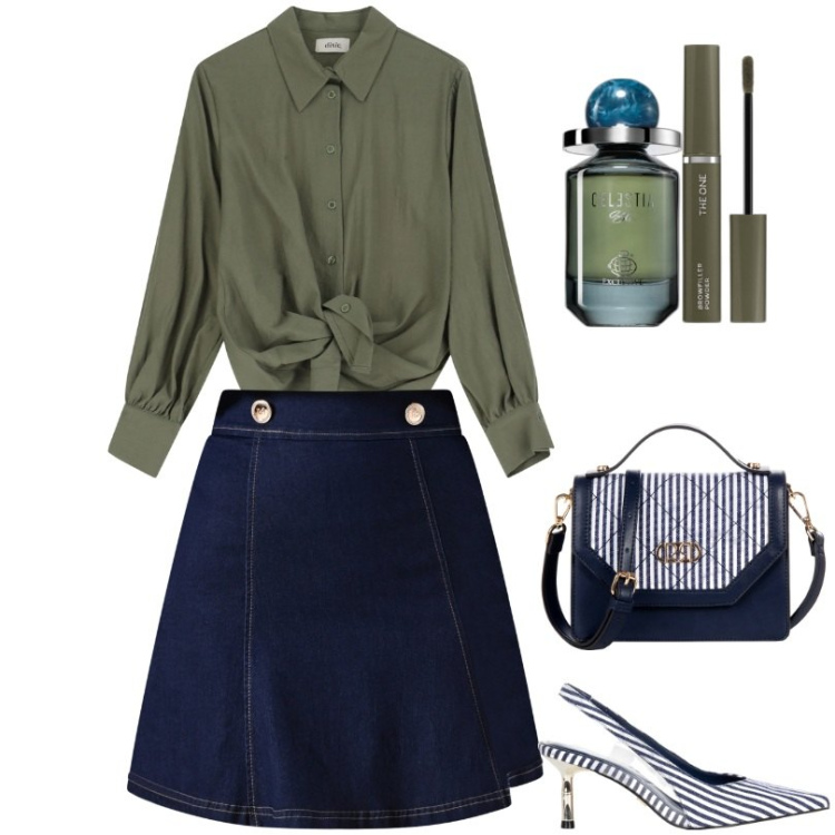 Outfit donna - Gonna Corta in Denim. Stile Trendy per Tutti i giorni. Abbinamento con profumi, eyeliner, décolleté, borse a mano, minigonne, camicie.