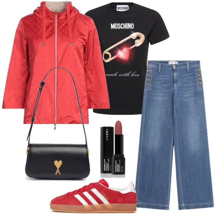 Outfit donna - Colori nelle giornate grigie piovose. Stile Basic per Tutti i giorni. Abbinamento con blazer, rossetti, jeans a zampa, t-shirt, sneakers, borse a spalla.