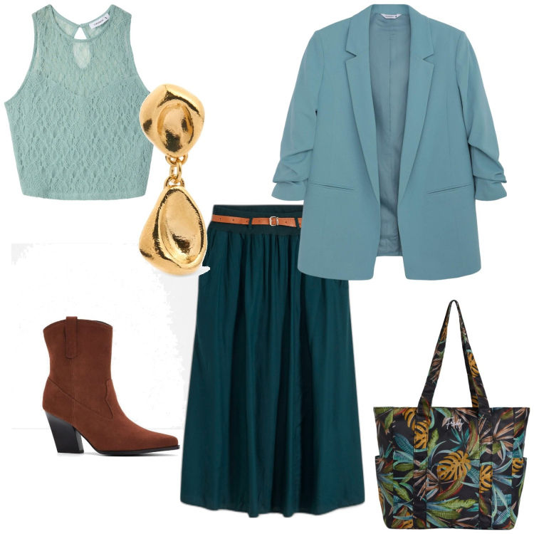 Outfit donna - Total look #2093690. Stile Urban per Ufficio. Abbinamento con gonne lunghe, stivaletti texani, top, blazer, shopping bag, orecchini.