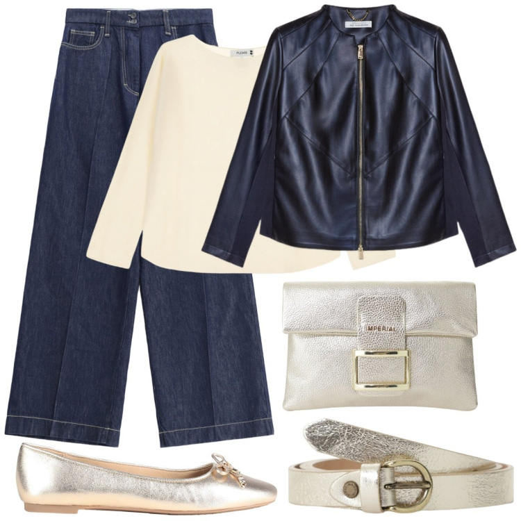 Outfit donna - Denim comodo&chic. Stile Casual chic per Tutti i giorni. Abbinamento con ballerine, jeans, pullovers, pochette, cinture, blazer.