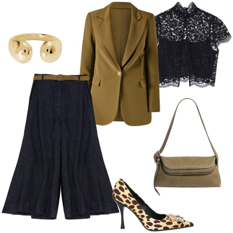 Outfit donna - Pantaloni cropped ampi effetto denim. Stile Casual chic per Serata fuori. Abbinamento con décolleté, top, jeans, anelli, blazer, borse a spalla.