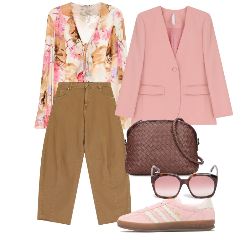 Outfit donna - Primavera addosso. Stile Casual chic per Tutti i giorni. Abbinamento con camicie, blazer, pantaloni, occhiali da sole, borse a spalla, sneakers.