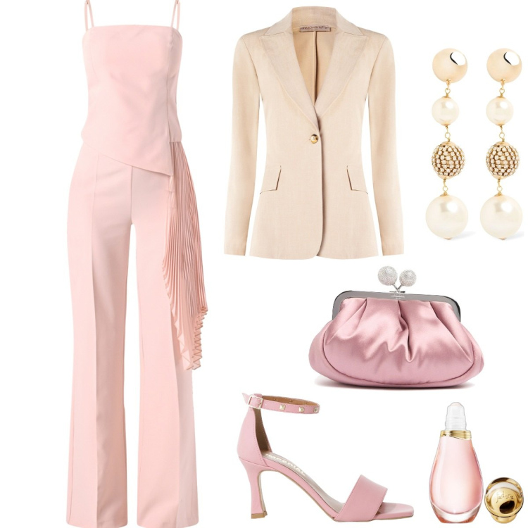 Outfit donna - Total look #2093712. Stile Glamour per Cerimonia. Abbinamento con profumi, tute, blazer, sandali col tacco, orecchini, pochette.