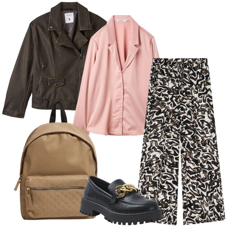 Outfit donna - Il chiodo marrone. Stile Casual chic per Scuola/Università. Abbinamento con bluse, mocassini, giacche, zaini, pantaloni a palazzo.