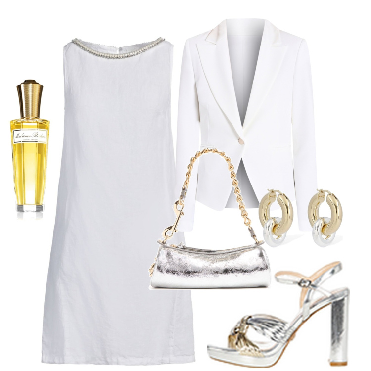 Outfit donna - Sposa in primavera. Stile Chic per Cerimonia. Abbinamento con vestiti corti, profumi, blazer, sandali in pelle, borse a spalla, orecchini.