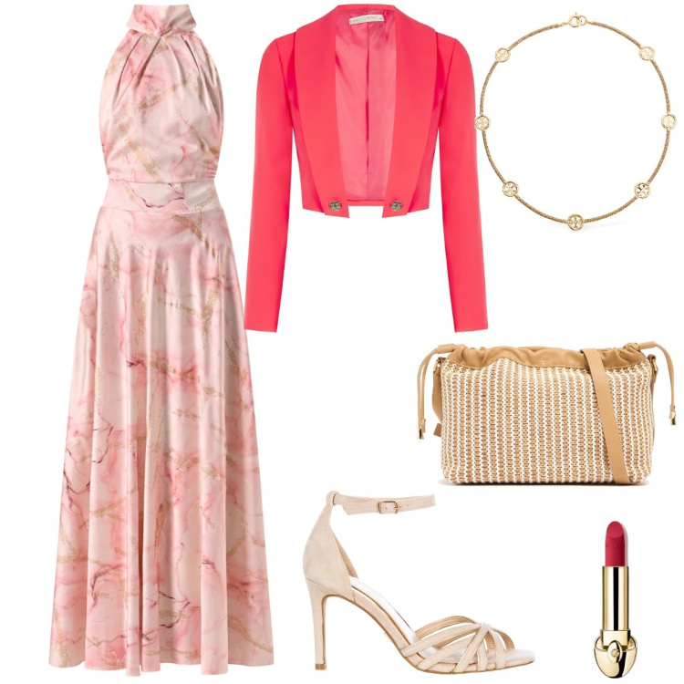 Outfit donna - Total look #2093723. Stile Romantica per Cerimonia. Abbinamento con rossetti, vestiti, bolero, sandali col tacco, collane, pochette.