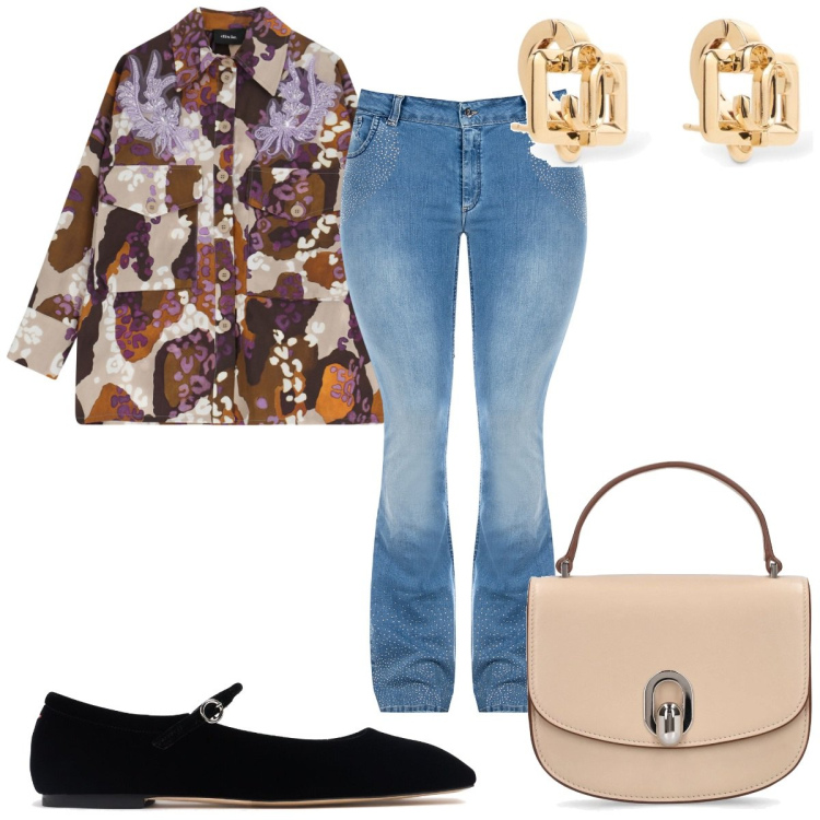 Outfit donna - Total look #2093737. Stile Trendy per Tutti i giorni. Abbinamento con camicie, jeans a zampa, borse a mano, orecchini, ballerine.