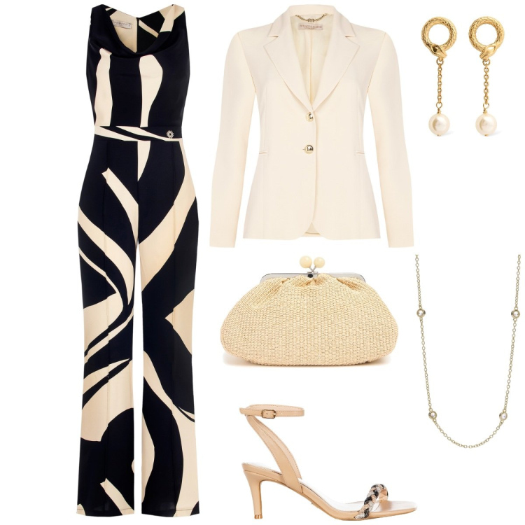 Outfit donna - Total look #2093740. Stile Chic per Cerimonia. Abbinamento con collane, blazer, sandali in pelle, tute, pochette, orecchini.