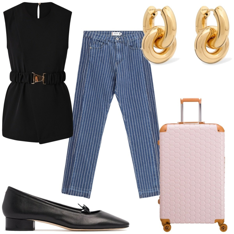 Outfit donna - Total look #2093748. Stile Trendy per Tutti i giorni. Abbinamento con bluse, jeans slim fit, orecchini, ballerine, valigie.