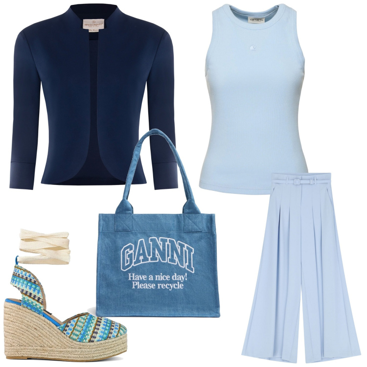Outfit donna - Mi vesto leggera. Stile Casual chic per Ufficio. Abbinamento con bolero, pantaloni, zeppe, shopping bag, canottiere.
