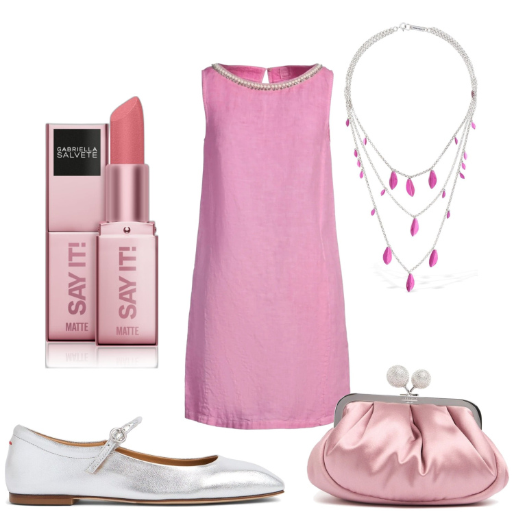 Outfit donna - Rosa bon ton. Stile Bon Ton per Serata fuori. Abbinamento con vestiti corti, rossetti, ballerine, pochette, collane.