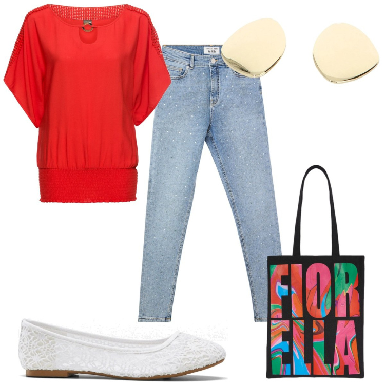 Outfit donna - Total look #2093753. Stile Trendy per Tutti i giorni. Abbinamento con bluse, ballerine, jeans skinny, orecchini, borse tote.