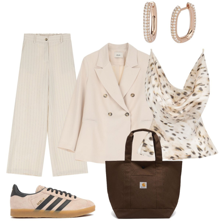 Outfit donna - Alla cerimonia disinvolta con le sneaker. Stile Chic per Cerimonia. Abbinamento con orecchini, top, pantaloni a palazzo, blazer, sneakers, borse tote.