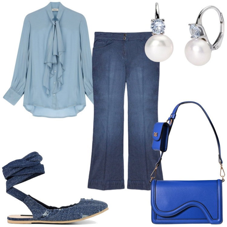 Outfit donna - Total look #2093757. Stile Trendy per Tutti i giorni. Abbinamento con orecchini, pochette, bluse, ballerine, jeans.