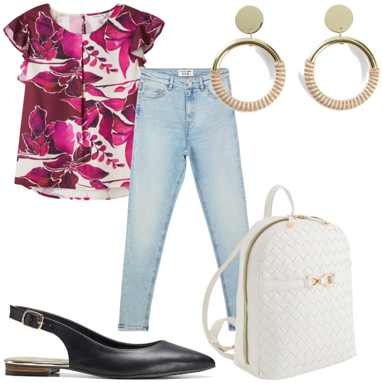 Outfit donna - Total look #2093759. Stile Trendy per Tutti i giorni. Abbinamento con ballerine, orecchini, jeans skinny, bluse, zaini.