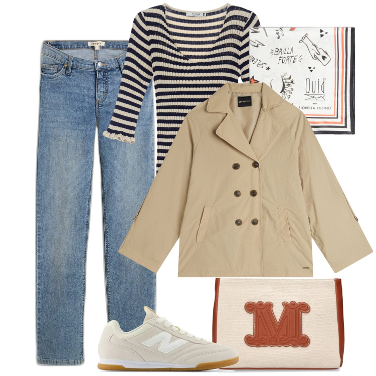 Outfit donna - Total look #2093761. Abbinamento con jeans dritti, sneakers, pullovers, trench, pochette, foulard.