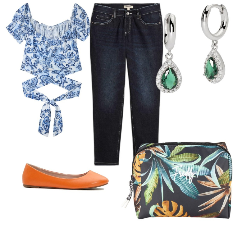 Outfit donna - Total look #2093765. Stile Trendy per Tutti i giorni. Abbinamento con ballerine, jeans boyfriend, bluse, orecchini, valigie.