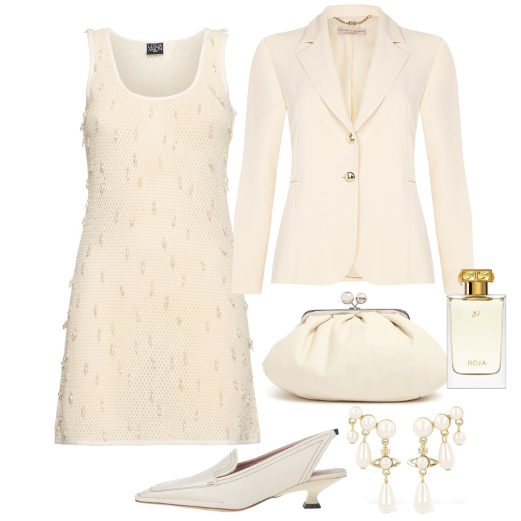 Outfit donna - Color burro. Stile Glamour per Cerimonia. Abbinamento con décolleté, profumi, blazer, orecchini, vestiti, pochette.