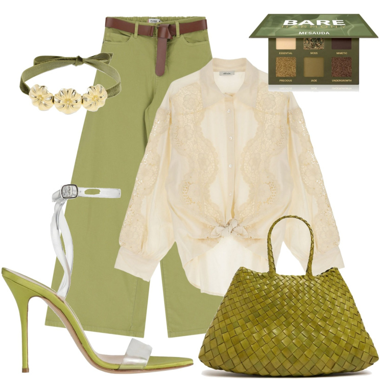 Outfit donna - Giorno chic. Stile Casual chic per Tutti i giorni. Abbinamento con sandali in pelle, ombretti, pantaloni, camicie, collane, borse a spalla.