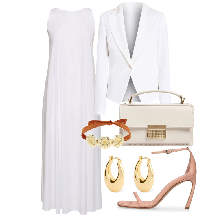 Outfit donna - Sposa in peplo. Stile Glamour per Cerimonia. Abbinamento con blazer, vestiti midi/longuette, collane, orecchini, sandali in pelle, borse a mano.