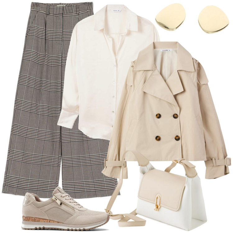 Outfit donna - Total look #2093784. Abbinamento con sneakers, camicie, trench, pantaloni, orecchini, borse a tracolla.