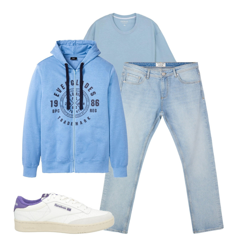 Outfit uomo - Azzurro. Stile Casual per Tutti i giorni. Abbinamento con felpe con cappuccio, sneakers, jeans, t-shirt.