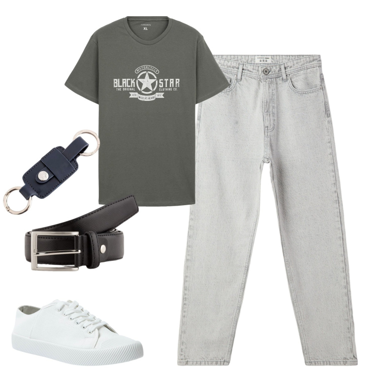 Outfit uomo - City. Stile Casual per Tutti i giorni. Abbinamento con t-shirt, jeans, sneakers, cinture, portachiavi.