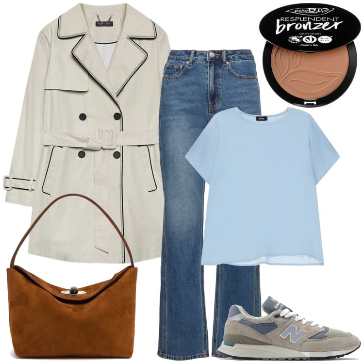 Outfit donna - Un tocco di Bronzer. Stile Casual per Tutti i giorni. Abbinamento con terre, sneakers, t-shirt, jeans dritti, trench, borse a spalla.