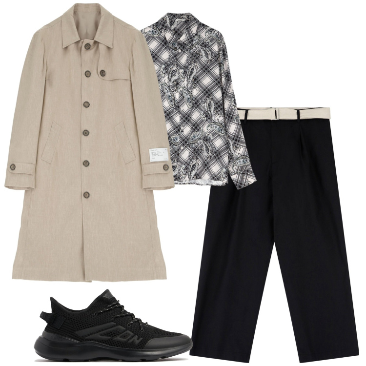 Outfit uomo - City. Stile Trendy per Tutti i giorni. Abbinamento con camicie, pantaloni, trench, sneakers.
