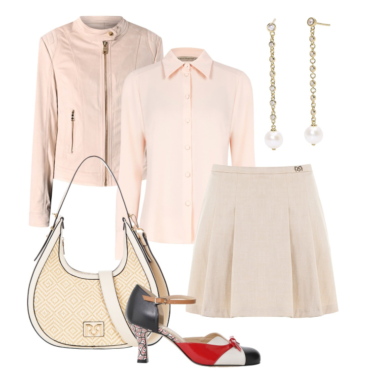 Outfit donna - Le décolleté colorate. Stile Romantica per Ufficio. Abbinamento con décolleté, orecchini, minigonne, camicie, borse a mano, blazer.