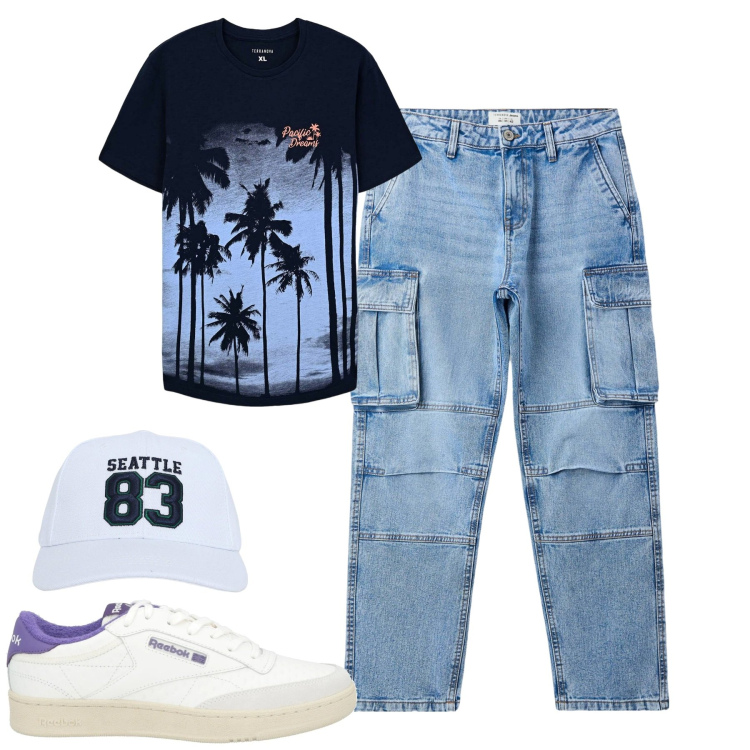 Outfit uomo - City. Stile Casual per Tutti i giorni. Abbinamento con sneakers, cappelli, t-shirt, jeans.